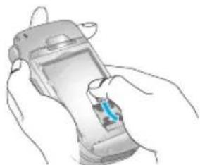 Illustration of hands holding a mobile phone with a small blue button (no text or symbols visible)