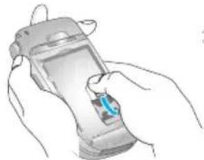 Illustration of a hand holding a mobile phone with a small blue tag (no text or symbols visible)