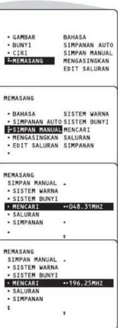 • GAMBAR • BUNYI • CIRI •MEMASANG BAHASA SIMPANAN AUTO SIMPAN MANUAL MENGASINGKAN EDIT SALURAN MEMASANG • BAHASA • SIMPANAN AUTO • SIMPAN MANUAL • MENGASINGKAN • EDIT SALURAN SISTEM WARNA SISTEM BUNYI MENCARI • EDIT SALURAN SIMPANAN MEMASANG SIMPAN MANUAL • SISTEM WARNA • SISTEM BUNYI • MENCARI • SALURAN • SIMPANAN • •048.31MHZ MEMASANG SIMPAN MANUAL • SISTEM WARNA • SISTEM BUNYI • MENCARI • 196.25MHZ • SALURAN • SIMPANAN •
