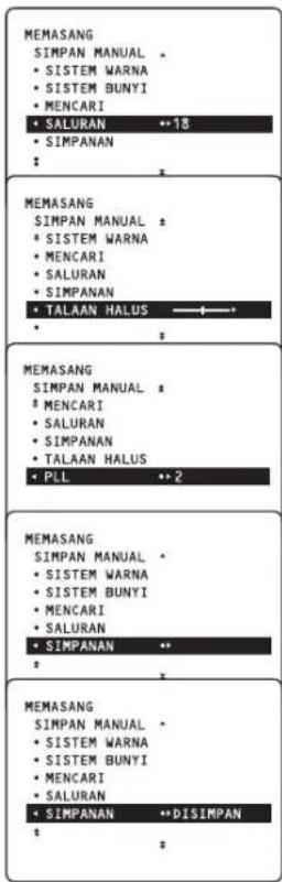 MEMASANG SIMPAN MANUAL * • SISTEM WARNA • SISTEM BUNYI • MENCARI • SALURAN •18 • SIMPANAN : MEMASANG SIMPAN MANUAL * • SISTEM WARNA • MENCARI • SALURAN • SIMPANAN • TALAAN HALUS ←→ • : MEMASANG SIMPAN MANUAL * MENCARI • SALURAN • SIMPANAN • TALAAN HALUS • PLL •2 MEMASANG SIMPAN MANUAL * • SISTEM WARNA • SISTEM BUNYI • MENCARI • SALURAN • SIMPANAN •• # MEMASANG SIMPAN MANUAL * • SISTEM WARNA • SISTEM BUNYI • MENCARI • SALURAN • SIMPANAN ••DISIMPAN * :