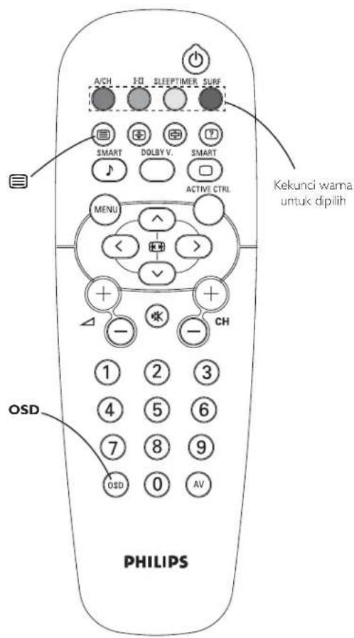 A/CH HD SLEEPTIMER SURF SMART DOLBY V. SMART ACTIVE CTRL MENU < > + - CH 1 2 3 4 5 6 7 8 9 OSD 0 AV Kekunci warna untuk dipilih PHILIPS