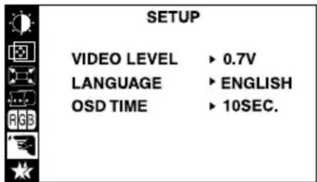 SETUP VIDEO LEVEL ▶ 0.7V LANGUAGE ▶ ENGLISH OSD TIME ▶ 10SEC.