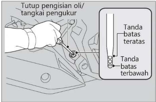 Tutup pengisian oli/ tangkai pengukur Tanda batas teratas Tanda batas terbawah