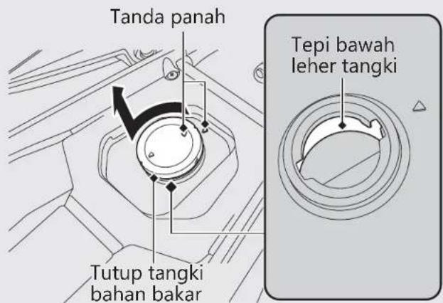 Tanda panah Tepi bawah leher tangki Tutup tangki bahan bakar