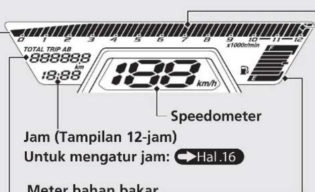 TOTAL TRIP AB 888888 km 18:88 68 km/h Speedometer Jam (Tampilan 12-jam) Untuk mengatur jam: → Hal .16 Meter bahan bakar