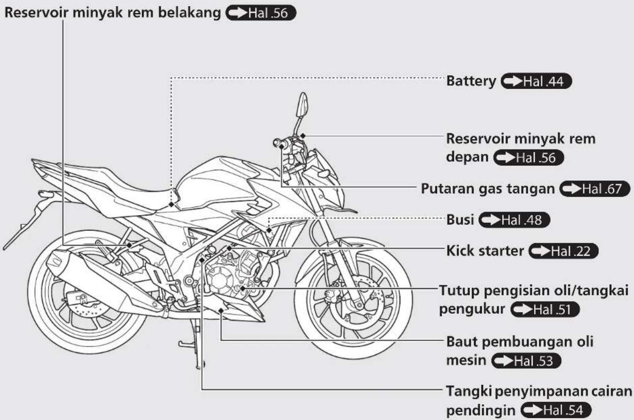 Reservoir minyak rem belakang ➕ Hal .56 Battery ➕ Hal .44 Reservoir minyak rem depan ➕ Hal .56 Putaran gas tangan ➕ Hal .67 Busi ➕ Hal .48 Kick starter ➕ Hal .22 Tutup pengisian oli/tangkai pengukur ➕ Hal .51 Baut pembuangan oli mesin ➕ Hal .53 Tangki penyimpanan cairan pendingin ➕ Hal .54