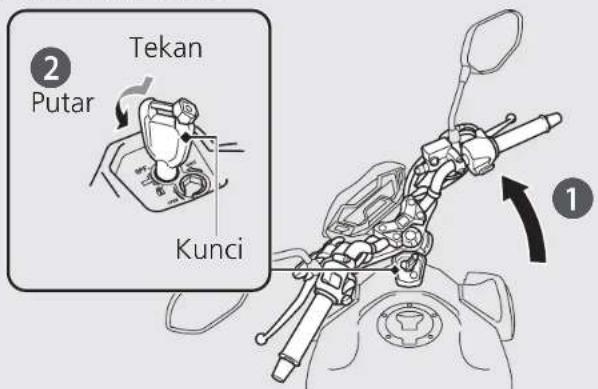 Menyalakan sistem kelistrikan untuk menghidupkan mesin/berkendar. ON OFF Mematikan mesin. (Lock) Mengunci kemudi. ON IGNITION FUSH PEN