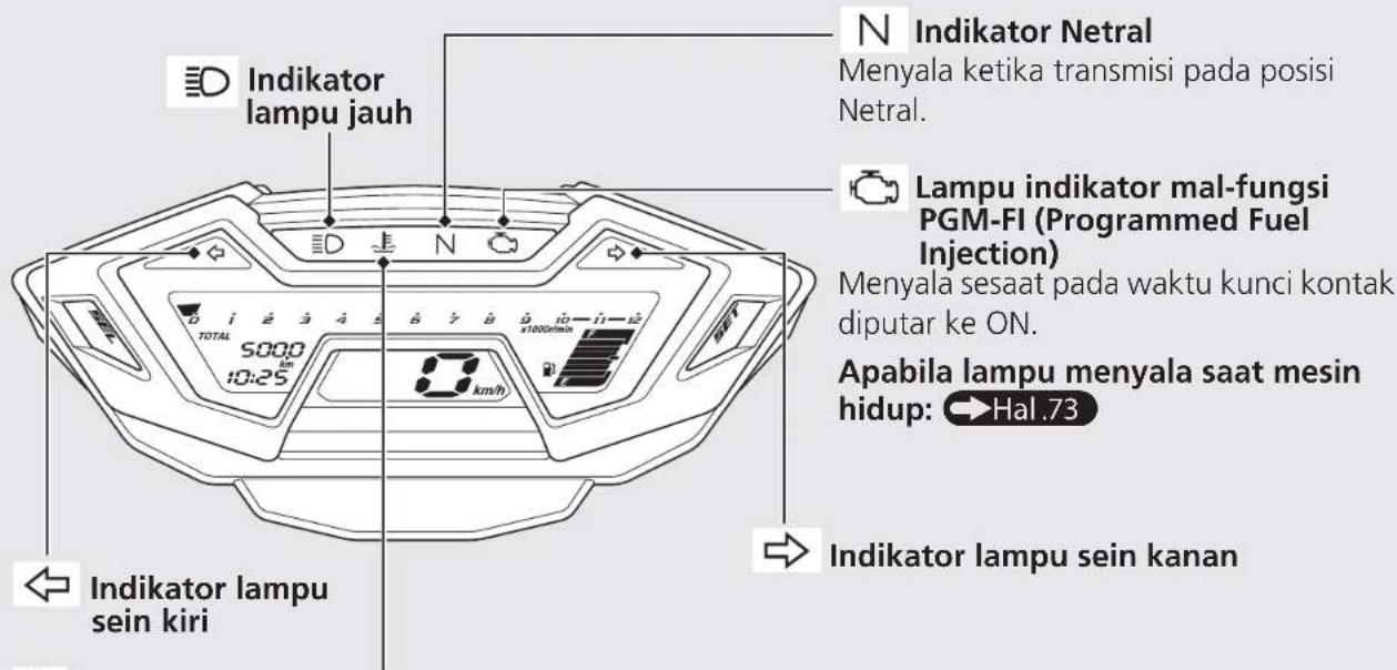 Indikator lampu jauh N Indikator Netral Menyala ketika transmisi pada posisi Netral. Lampu indikator mal-fungsi PGM-FI (Programmed Fuel Injection) Menyala sesaat pada waktu kunci kontak diputar ke ON. Apabila lampu menyala saat mesin hidup: → Hal .73 Indikator lampu sein kiri → Indikator lampu sein kanan
