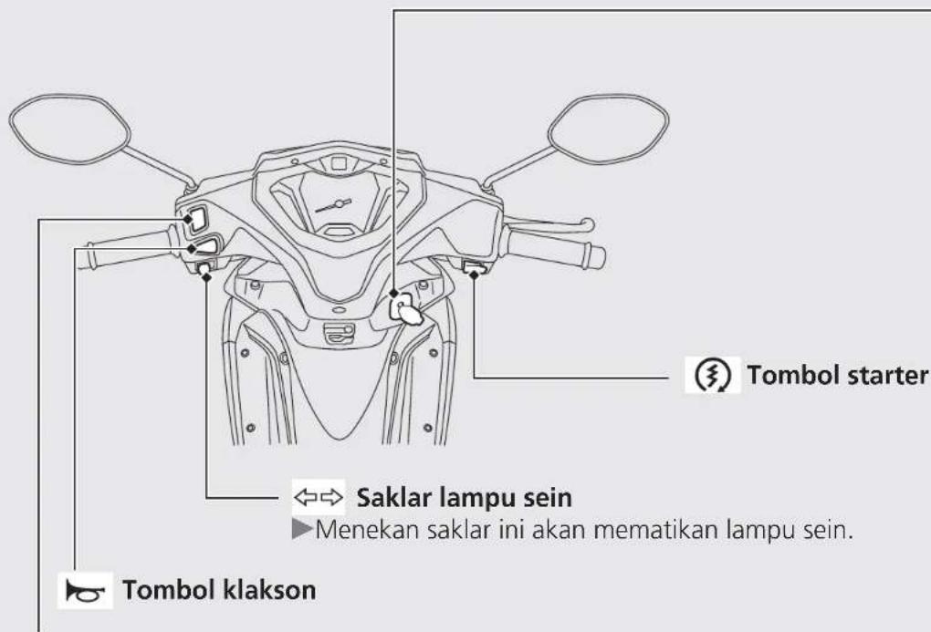 Tombol starter Saklar lampu sein Menekan saklar ini akan mematikan lampu sein. Tombol klakson