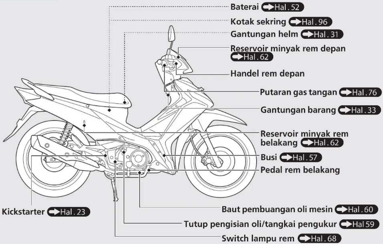 Baterai →Hal. 52 Kotak sekring →Hal. 96 Gantungan helm →Hal. 31 Reservoir minyak rem depan →Hal. 62 Handel rem depan Putaran gas tangan →Hal. 76 Gantungan barang →Hal. 33 Reservoir minyak rem belakang →Hal. 62 Busi →Hal. 57 Pedal rem belakang Kickstarter →Hal. 23 Baut pembuangan oli mesin →Hal. 60 Tutup pengisian oli/tangkai pengukur →Hal 59 Switch lampu rem →Hal. 68