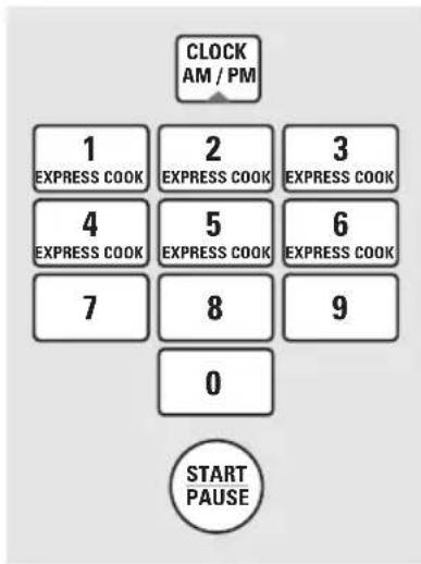 CLOCK AM / PM 1 EXPRESS COOK 2 EXPRESS COOK 3 EXPRESS COOK 4 EXPRESS COOK 5 EXPRESS COOK 6 EXPRESS COOK 7 8 9 0 START PAUSE
