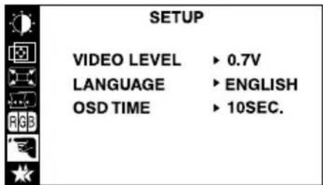 PENGATURAN LEVEL VIDEO ▶ 0.7V BAHASA ▶ INGGRIS WAKTU OSD ▶ 10 DETIK