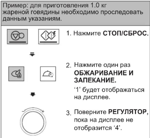 Пример: для приготовления 1.0 кг жареной говядины необходимо проследовать данным указаниям. 1. Нажмите СТОП/СБРОС. 2. Нажмите один раз ОБЖАРИВАНИЕ И ЗАПЕКАНИЕ. '1' будет отображаться на дисплее. 3. Поверните РЕГУЛЯТОР, пока на дисплее не отобразится '4'.