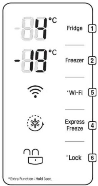 -88°C -88°C Fridge 1 - Freezer * Wi-Fi 2 - Express Freeze 5 - Lock 4 * Lock 6 *Extra Function: Hold 3sec.