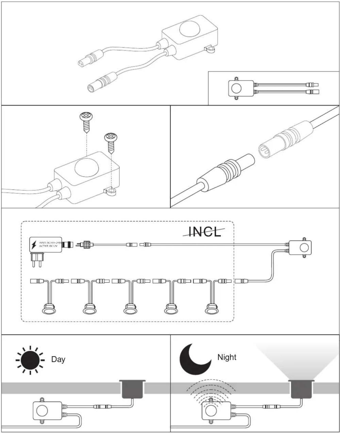 Technical diagram illustrating electrical connections and lighting conditions, including lamp, night light, and INCL device with component diagrams.