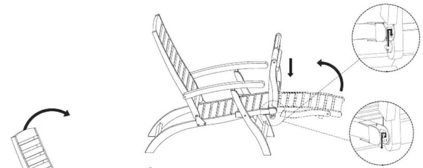 Technical diagram showing a folding chair mechanism with labeled parts and directional arrows indicating assembly steps.