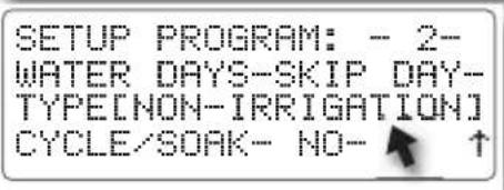 SETUP PROGRAM: - 2- WATER DAYS-SKIP DAY- TYPE[NON-IRRIGATION] CYCLE/SOAK- NO- ↑