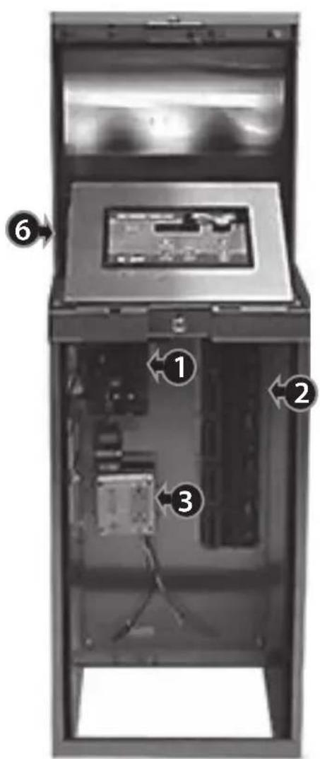 Diagram of an open computer case with numbered components, showing internal wiring and labeled parts.