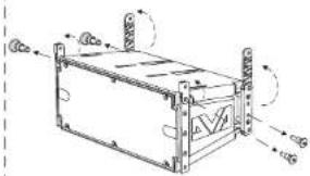 Technical diagram of a mechanical housing or enclosure with labeled components and directional arrows indicating motion or assembly.