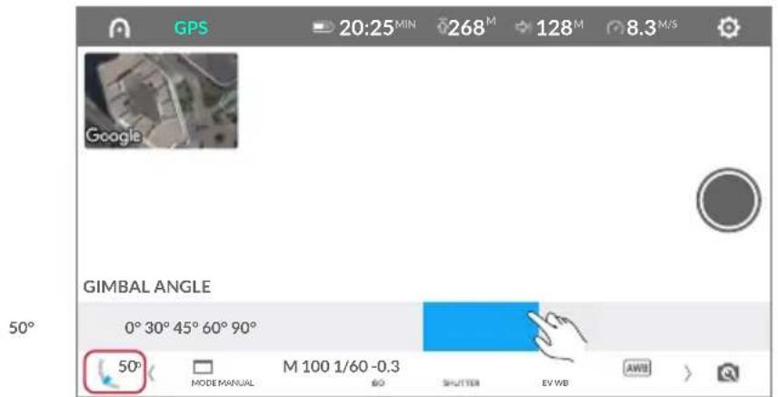 GPS 20:25 MIN 268 M 128 M 8.3 M/S Google GIMBAL ANGLE 0° 30° 45° 60° 90° 50° MODE MANUAL M 100 1/60 -0.3 60 SHUTTER EV WB AWB >