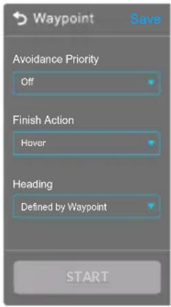Waypoint Save Avoidance Priority Off Finish Action Hover Heading Defined by Waypoint START
