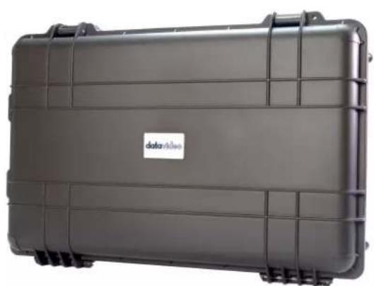 Exterior view of a gray hard-shell device casing with visible internal compartments and mounting brackets (no text or symbols)