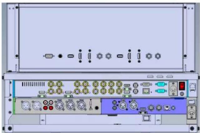 Front view of a server rack with ports, connectors, and indicator lights (no visible text or labels)
