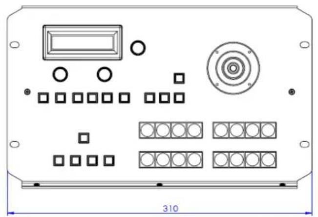 Technical diagram of an electronic device casing with labeled components and dimensions (no readable text or symbols)