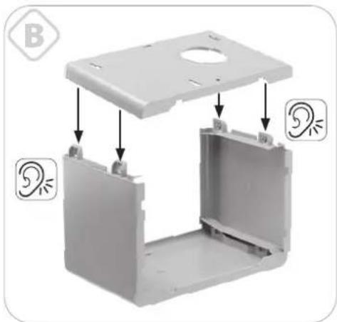 Diagram of a device's internal structure with labeled parts and warning icons for sound or ear protection.
