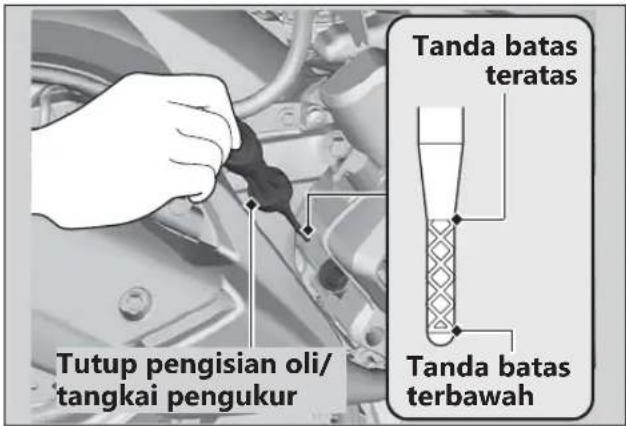 Tutup pengisian oli/ tangkai pengukur Tanda batas teratas Tanda batas terbawah