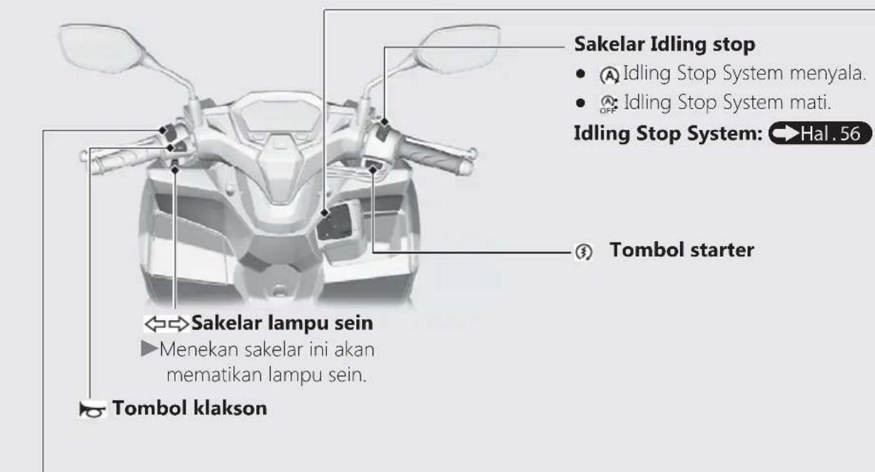 Sakelar Idling stop • Ⓐ Idling Stop System menyala. • Ⓐ Off Idling Stop System mati. Idling Stop System: ➕ Hal . 56 Tombol starter Sakelar lampu sein ►Menekan sakelar ini akan mematikan lampu sein. Tombol klakson