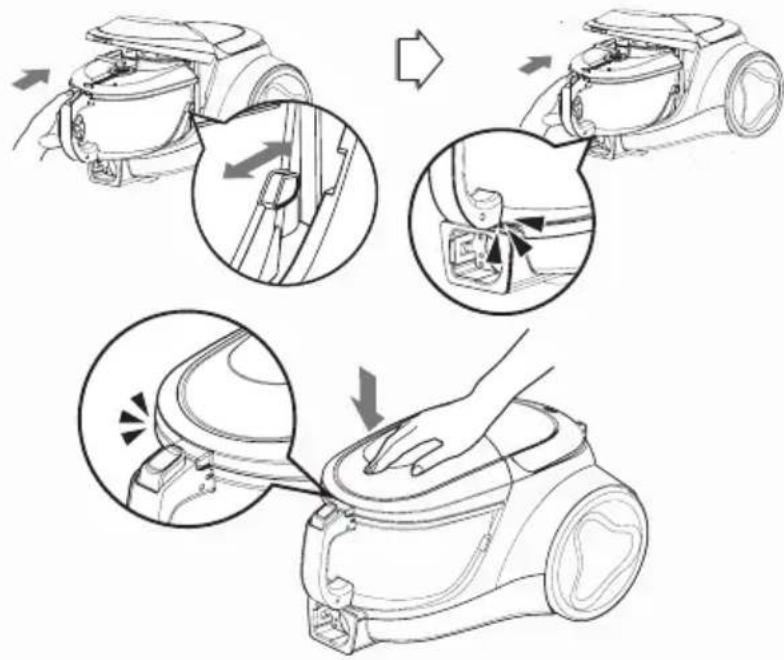Diagram illustrating three-step cleaning process of a vacuum cleaner, showing step-by-step assembly and disassembly.
