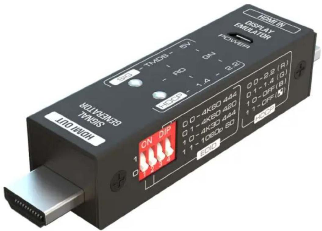 Signal Generator HDMI OUT SIG - TMDS - 5V - RD - GN - HDCP - 1.4 - 2.2 DISPLAY EMULATOR POWER 0 0-4K60 4A44 0 1-4K60 4A20 1 0-4K30 4A44 1 1-1080p 6D EOLD 0 0-2.2 (R) 0 1-1.4 (G) 1 0-OFF (B) 1 1-OFF (☐) HDCP