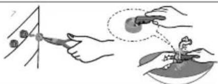 Illustration showing a hand holding a tool near a vertical line with circular elements, and a close-up of a hand interacting with a person on a boat.