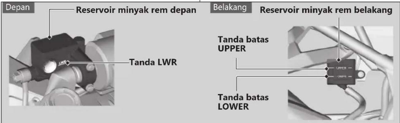 Depan Reservoir minyak rem depan Tanda LWR Belakang Reservoir minyak rem belakang Tanda batas UPPER Tanda batas LOWER