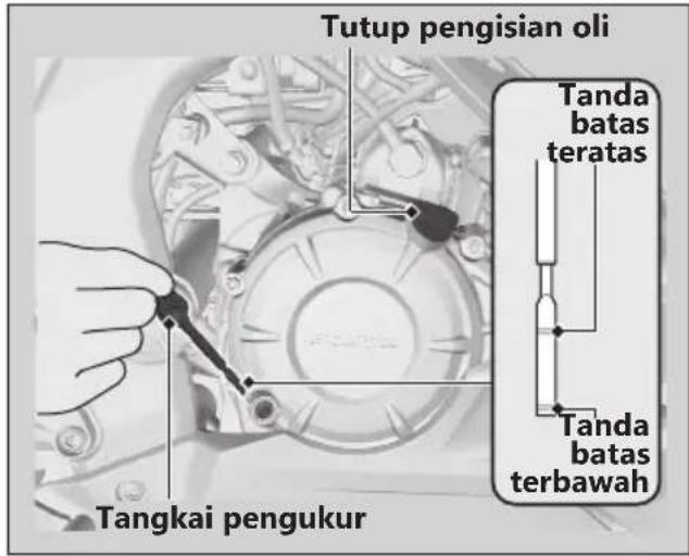 Tutup pengisian oli Tanda batas teratas Tanda batas terbawah Tangkai pengukur