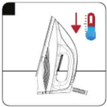 Diagram showing a steam iron with a thermometer indicating temperature change, accompanied by a red downward arrow and blue thermometer.