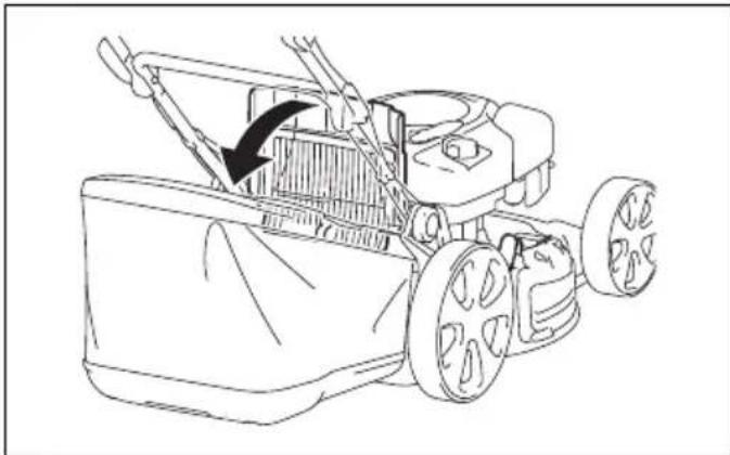 Line drawing of a lawn mower with a black arrow indicating the blade direction (no text or symbols)