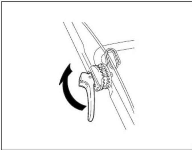 Diagram of a mechanical clamp or hook assembly with an arrow indicating rotational motion (no text or symbols present)