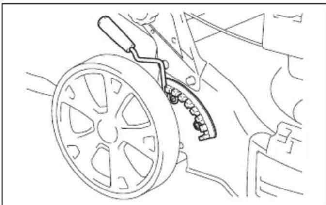 Line drawing of a mechanical assembly with a wheel and chain attachment (no text or symbols)