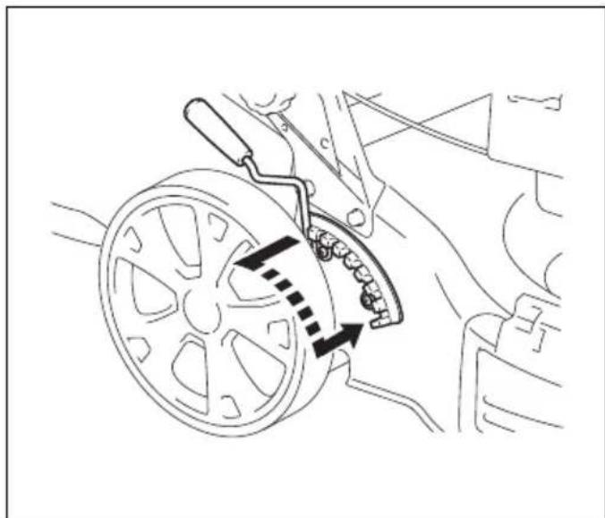 Diagram of a mechanical component with a wheel and gear assembly, showing motion direction (no text or symbols)