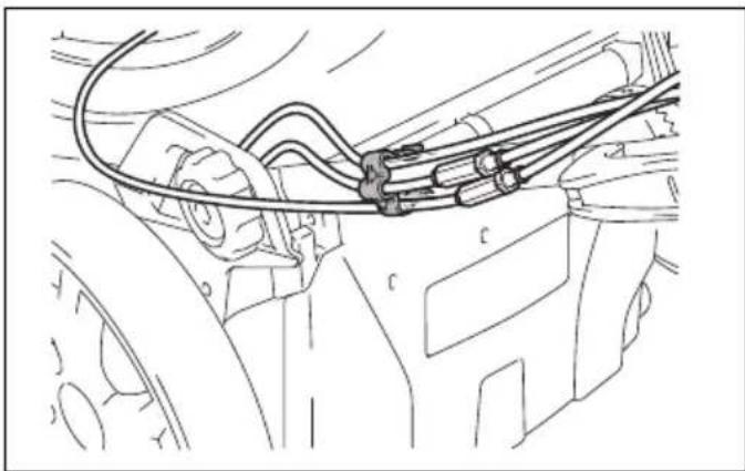 Technical line drawing of a car engine bay with hoses and control panel (no text or symbols)
