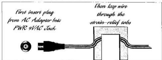 First insert plug from AC Adapter Into PWR 9VAC Jack Then loop wire through the strain-relief tabs