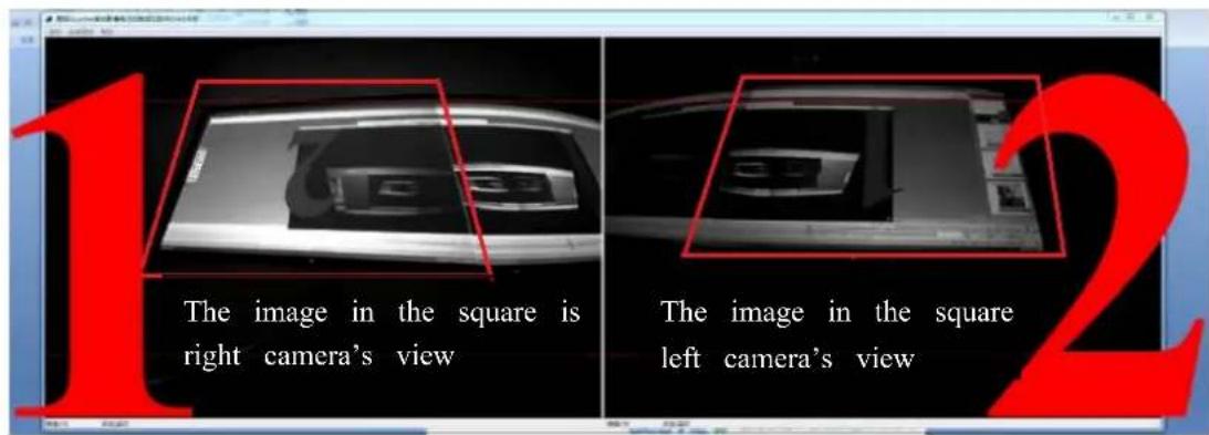 The image in the square is right camera's view The image in the square left camera's view