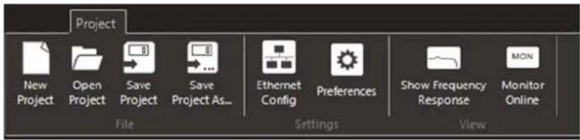 Project New Project Open Project Save Project Save Project As... Ethernet Config Preferences Show Frequency Response MON Monitor Online File Settings View