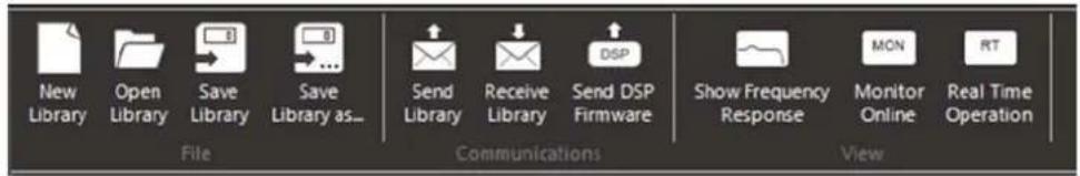 New Library Open Library Save Library Save Library as... File Communications Show Frequency Response MON Monitor Online RT Real Time Operation View