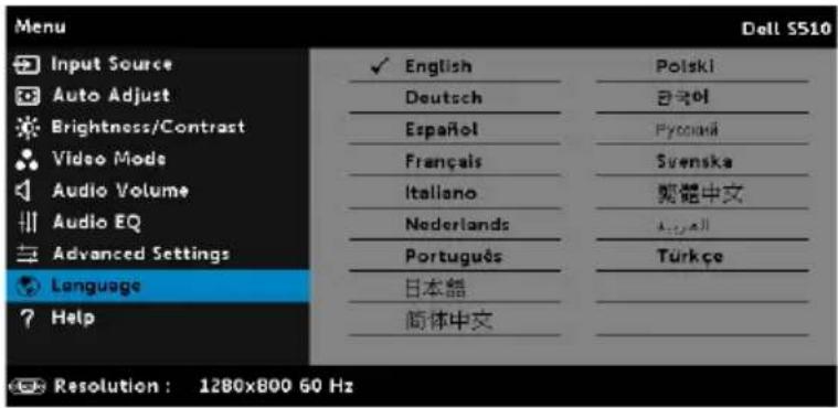 Menu Input Source Auto Adjust Brightness/Contrast Video Mode Audio Volume Audio EQ Advanced Settings Language ? Help English Deutsch Español Français Italiano Nederlands Português 日本語 简体中文 Polski 한국아 Pyocukä Svenska 繁體中文 Türkçe Resolution: 1280x800 60 Hz