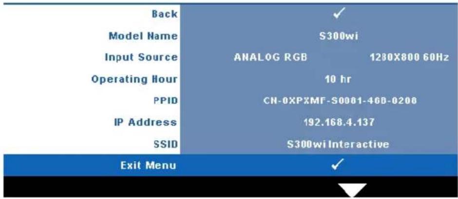 Back Model Name S300wi Input Source ANALOG RGB 1280X800 60Hz Operating Hour 10 hr PPID CN-0XPXMF-S0001-46B-0206 IP Address 192.168.4.137 SSID S300wi Interactive Exit Menu