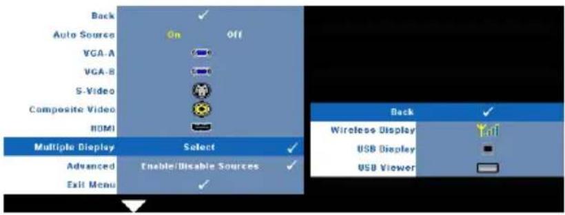 Back Auto Source VGA-A VGA-B S-Video Composite Video HDMI Multiple Display Select Advanced Enable/Disable Sources Exit Menu Off Back Wireless Display USB Display USB Viewer