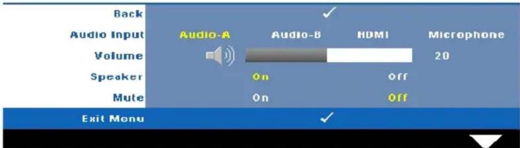 Back Audio Input Audio-A Audio-B HDMI Microphone Volume 20 Speaker On Off Mute On Off Exit Menu
